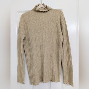 Ribbed Tan Khaki Mockneck Sweater with Ruffled Neckline And Sleeves